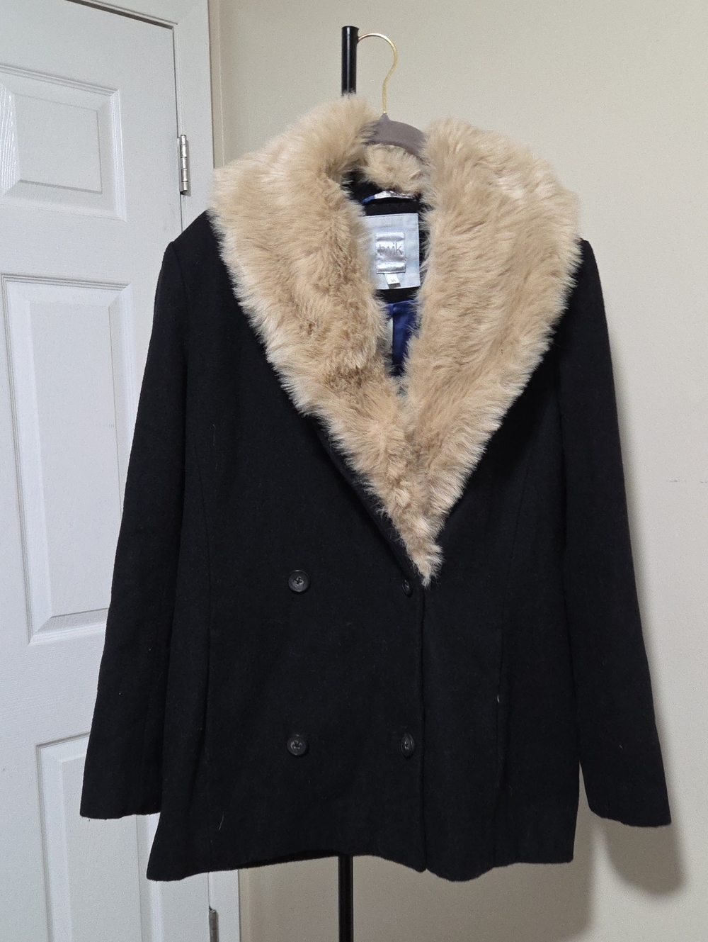 twik Black Pea Coat with Beige Faux Fur Shawl Collar